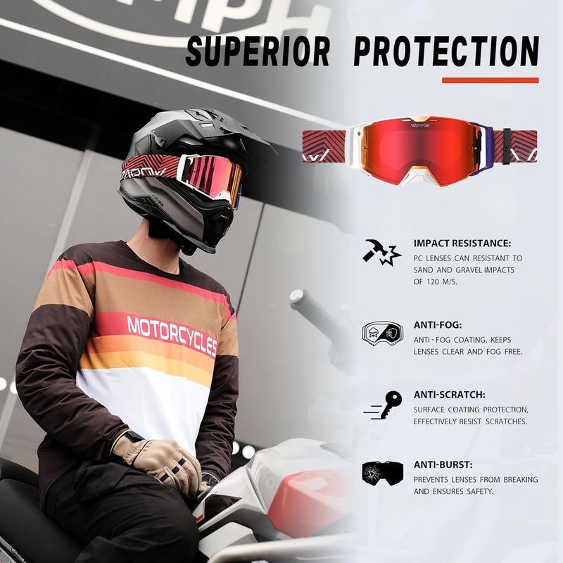 VOZAPOW Dirt Bike Goggles Over Glasses Anti-Fog, Motorcycle Protective Eyewear Motocross Goggles for Men Women - Image 2